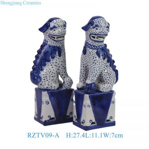 RZTV09-A Hand Painted Blue and White Tabletop Ceramic Foo Dog Sculpture