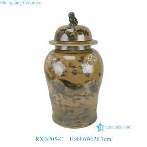 RXBP05-C Antique Yellow Ground Doucai Blue Floral and Bird Motif Porcelain Big Temple Jar with Lion Head for Home Decor Villa Hotel