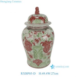 RXBP05-C 20inch Hand Painted Wholsale Green and Red Doucai Floral and Bird Pattern Ceramic Temple Jar with Lid for Home Decor Villa Hotel