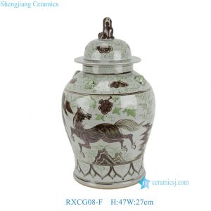 RXCG08-F Chinoiserie Green and Brown Horse Grape Motif Decorative Porcelain Temple Jar