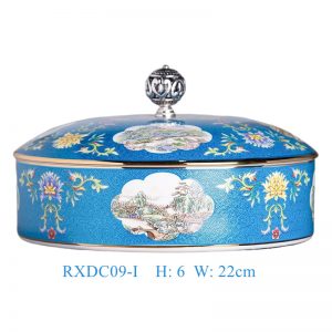 RXDC09-ABCDEFGHI Series Turquoise Blue Ground Famille Rose Reserved Panel Landscape Candy & Tea Cake Lidded Jar Tea Ware