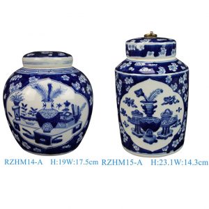 RZHM14-15-A Whosale Antique Blue White Bogu Pattern Ceramic Ginger Jar for Home Decor