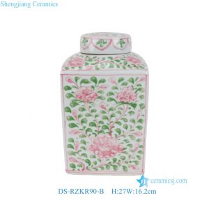 RZKR90-B High Quality Hand Painted Green Pink Flower Motif Square Jar with Cover for Home Decor Villa Hotel