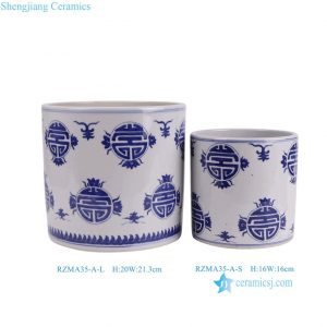 RZMA35-A-L-S Chinese Chinoiserie Blue and White Longevity Pattern Nesting Planters Ceramic Pots