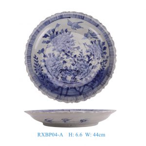 RXBP04-A  Antique Blue Wite Floral Birds Motif Decorative Porcelain Plate for Home Decor Hotel