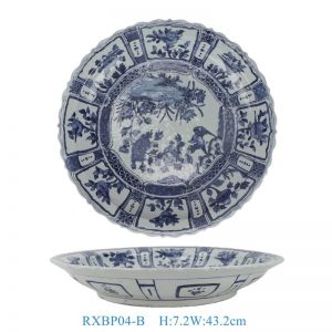 RXBP04-B Antique Large Handcrafted Blue White Kraak Decorative Porcelain Plate with Distinctive Scalloped Rim