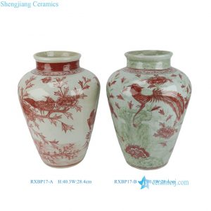 RXBP17-A-B Coral Red Green Ceramic  Bird Vase Jingdezhen Chinese Vase