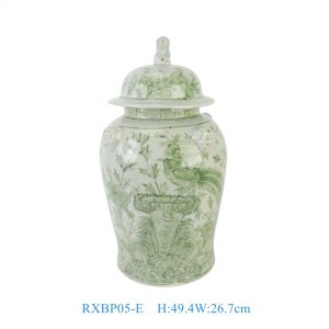 RXBP05-E Chinoiserie  Hand Painted Green White Floral Birds Motif Porcelain Decorative Temple Jar for Home Decor Hotel Villa
