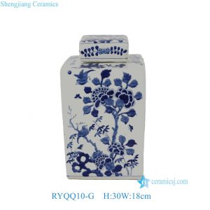RYQQ10-G Antique Hand Painted Blue White Flower Birds Porcelain Lidded Jar