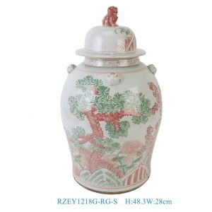 RZEY1218G-RG-S  Unique Antique Style Chinese Ceramic Ginger Jar with Pine, Bamboo, Plum and Foo Dog Lid