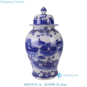 RZOY51-A Large Size Chinoiserie Blue White Landscape Pattern Porcelain Temple Jar for Living Room Hotel Villa