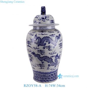 RZOY58-A Big Size Chinoiserie Blue White Dragon Pattern Porcelain Temple Jar Urn for Living Room Hotel Villa