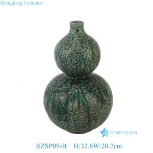 RZSP09-B Antique Green Carved Speckled Ceramic Gourd Vase