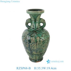 RZSP68-B Jingdezhen Antique Speckled Green Carved Warrior Ceramic Vase with Ear Handle