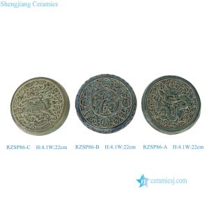 RZSP86-A-B-C Antique Green Chinese Traditional Handicraft Dragon Letter Unicorn Carved Decorative Round Wall Hanging Decor