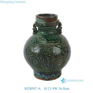 RZSP87-A  Antique Green Floral Carved Ceramic Flower Vase Decoration