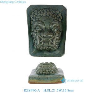 RZSP90-A Old China Antique Green Ceramic  Lion Head On Wall Hang Statue Rectangular Wall Plaque