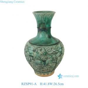 RZSP91-A Antique Green Floral Pattern Carved Ceramic Decorative Vase