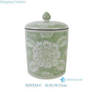 RZSX71-A  New Chinese Hand Painted Green White Folk Peony Pattern Cylinder Porcelain Jar with Cover for Living Room Hotel Villa Table Lamp