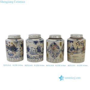 RZTL24-BCDE Chinese Cylinder Shape Figure Story Longevity Word Fish Alga Pattern Porcelain Jar with Cover for Living Room Hotel Villa Table Lamp