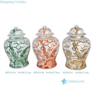 RZTX19-A-B-C Chinoiserie Hand Painted Green White Orange White Brown White Flower Birds Motif Porcelain Decorative Temple Jar for Home Decor Hotel