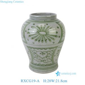 RXCG19-A Hand Painted Green White Folk Design Sunflower Pattern Porcelain Big Mouth Urn Vase for Living Room Hotel Villa