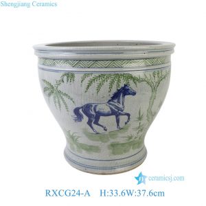 RXCG24-A Traditional Bamboo Motif Horse Crackle Glaze Ceramic Planter Large Blue Green Porcelain Flower Planters