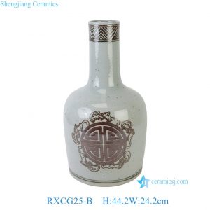 RXCG25-B Hand Painted Speckled Grey Porcelain Mallet Vase with Underglaze Red Shou Character and Bat Motif