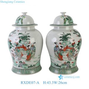 RXDE07-A  Jingdezhen Hand Painted Famille Verte Display Porcelain Lidded Temple Jar with Hand-Painted Court Figures