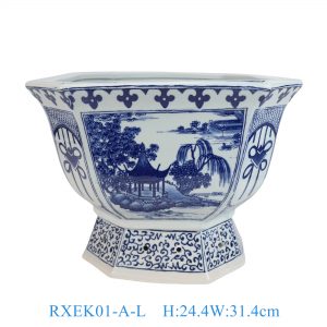 RXEK01-A Vintage Chinese Blue and White Hexagonal Pedestal Planter for Interior Home Garden Decorative Bonsai Pot