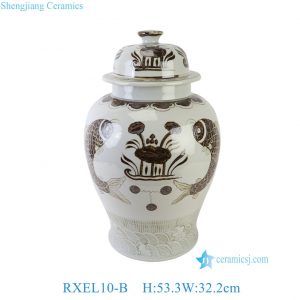 RXEL10-B Brown and White  Hongwu Style Fish Pattern Ceramic Temple Jar Lidded Pot