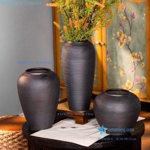 RXFK09-LMS Jingdezhen Handcrafted 3-Piece Matte Black Textured Ceramic Vase Set