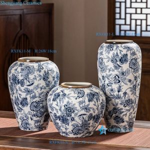 RXFK11-LMS Jingdezhen Chinoiserie Blue and White Floral Porcelain Vase Set of 3, Brown Rim
