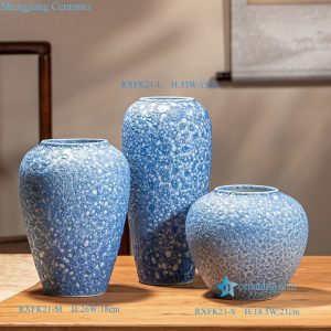 RXFK21-LMS Jingdezhen Modern Blue Bubble Glaze Textured Ceramic Vase Set of 3
