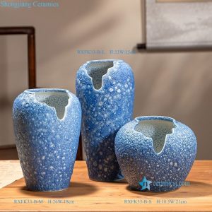 RXFK33-B-LMS Set of 3 Blue Bubble Glaze Ceramic Vases with Notched Opening