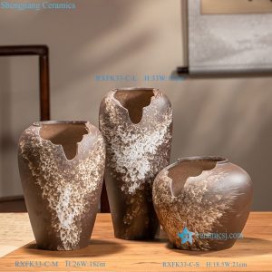RXFK33-C-LMS Set of 3 Wabi-Sabi Style Brown Reactive Glaze Vase Set with Irregular Notched Top