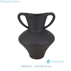 RXFK50-A  Retro Matte Black Textured Ceramic Amphora Vase with Double Handles