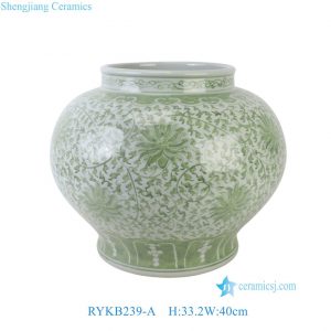 RYKB239-A Green Scrolling Vine Porcelain Ginger Jar, Hand-crafted Lotus Pattern Ceramic Flower Pot, Oriental Decorative Urn