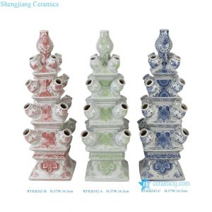 RYKB242-A-B-C  Green Red Blue and White Floral Pattern Multi-Tier Delft Style Tulipiere Tower Tulip Vase
