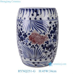 RYNQ251-G Traditional Koi Fish Porcelain Drum Stool, Chinoiserie Side Table for Indoor/Outdoor Decor