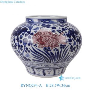 RYNQ294-A Blue and White with Underglaze Red Ceramic Flower Pots Chinoiserie Tabletop Urns