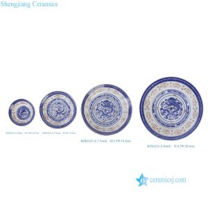 RZKG22-A-4inch-5inch-7inch-8inch Vintage Chinese Dipping Bowls Porcelain Blue White Small Gold Trim Dragons Pattern