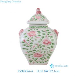RZKR94-A Jingdezhen Hand Painted Chinoiserie Pink Green Floral Square Ceramic Lidded Jar with Foo Dog Finial