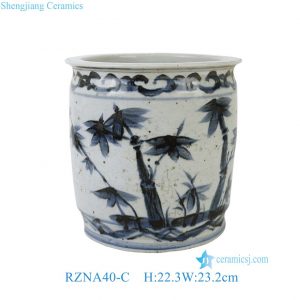 RZNA40-C Antique Style Blue Bamboo Ceramic Pot  Traditional Bamboo Forest Motif Garden Planter