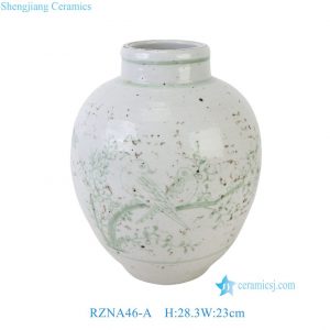 RZNA46-A New Hand Painted Rustic White Porcelain Ginger Jar Vase with Green Hand-Painted Bird and Flower Motif