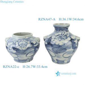 RZNA47-A/RZNA22-C  Rustic Hand Painted Blue and White Porcelain Vase Urn with Beast Head Handles