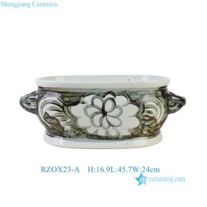 RZOX23-A Traditional Rustic Hand-painted Ceramic Plant Pot Oval Double-handle Porcelain Floral Decorative Bowl