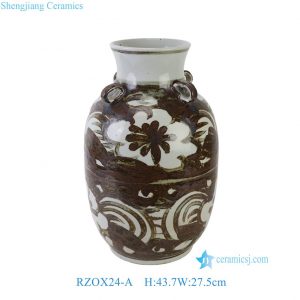 RZOX24-A Large Rustic Ceramic Vase with Four Small Handles Traditional Folk Art Porcelain Decorative Pots