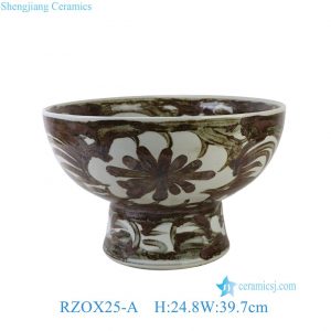 RZOX25-A Antique Style High-footed Porcelain Serving Bowl Vintage Brown Hand-painted Ceramic Flower Bowl