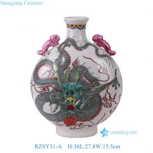 RZSY31-A Jingdezhen Hand-Painted Famille Verte Porcelain Moon Flask Vase with Green Dragon Design